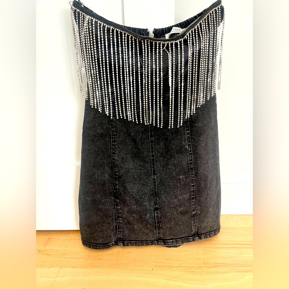 12th Tribe Rylie Washed Black Denim Strapless Fringe Mini Dress